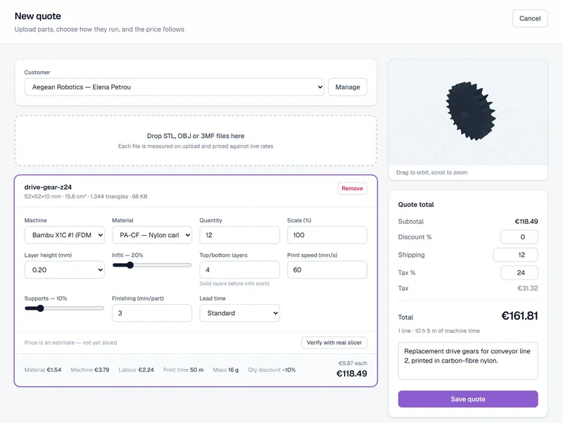 The Shr3Dt quote builder pricing a 3D-printed gear